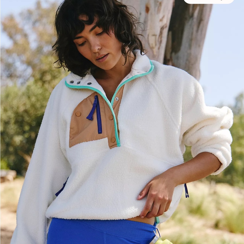 FP Movement by Free People Cream Sherpa Pullover with Tan Trim and Blue Accents